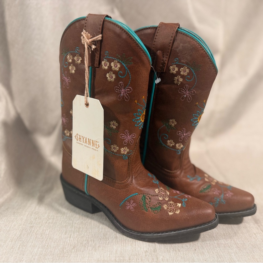 Shyanne Brown Kids Boots with Floral Embroidery